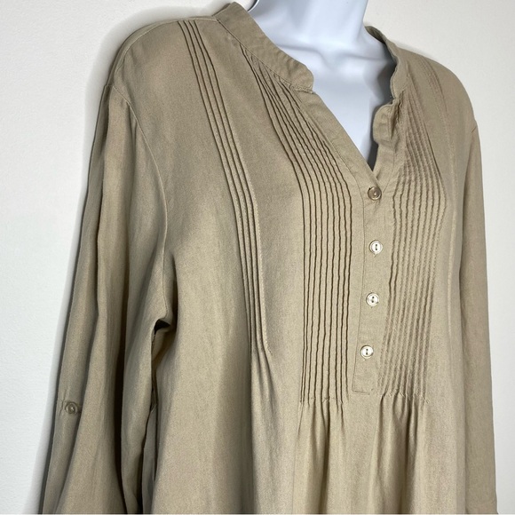 For Cynthia Natural Cream Tan Henley Front Linen Blend Dress - Picture 4 of 11